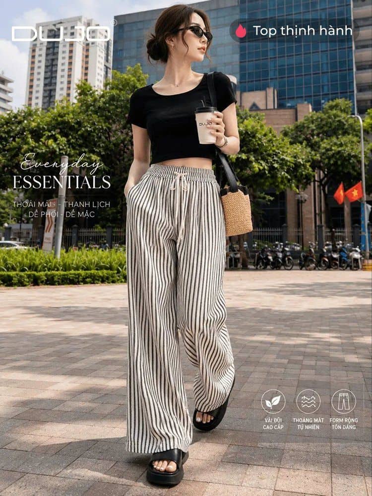 Quần Suông Nữ Kẻ Sọc Dọc Lưng Chun