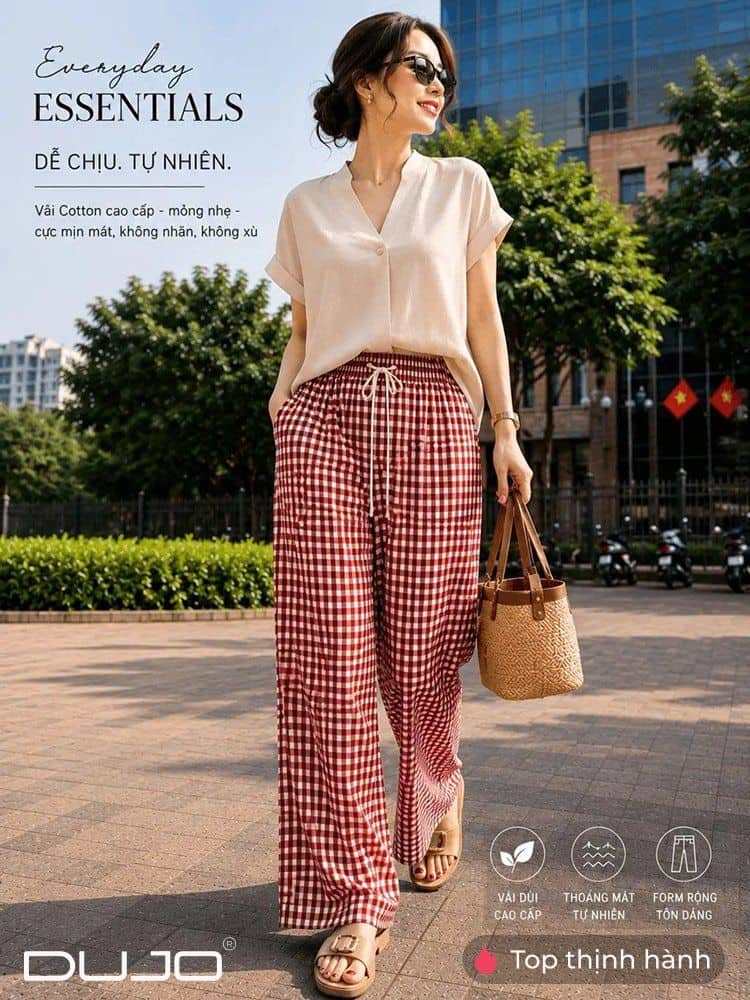 Quần Ống Rộng Nữ Caro Lưng Cao